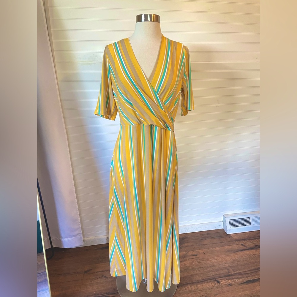 Preston & York Striped Yellow Multicolor Wrap Dress Size Large